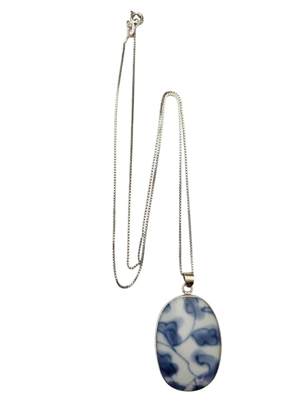 Sterling Blue White Antique Chinese Porcelain Pottery Shard Pendant J955